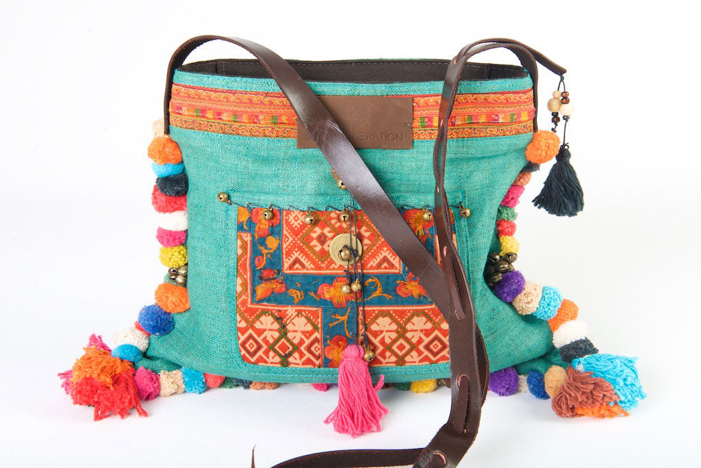 Roman Holiday - Vintage Boho Shoulder Bag in Turquoise Hemp + Vintage Hmong Tribal Fabric