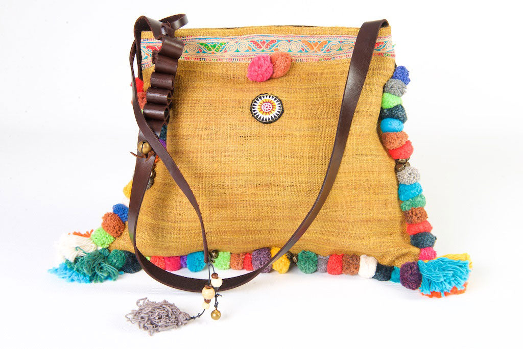 Roman Holiday - Vintage Boho Shoulder Bag in Tan Hemp + Vintage Hmong Tribal Fabric